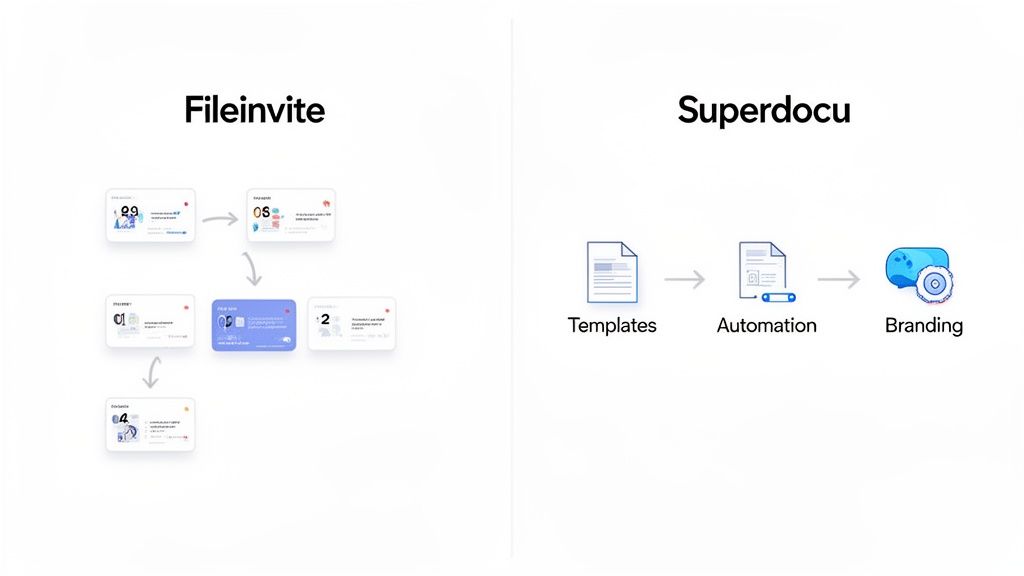 Workflows of Fileinvite and Superdocu, detailing document processing, automation, and branding featu