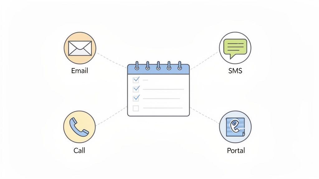 Illustration showing a checklist calendar connected to email, SMS, call, and portal icons, represent