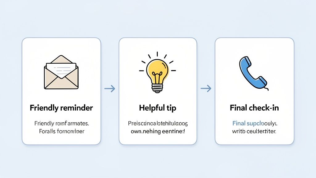 A visual three-step process showing client follow-up: friendly reminder, helpful tip, and final chec