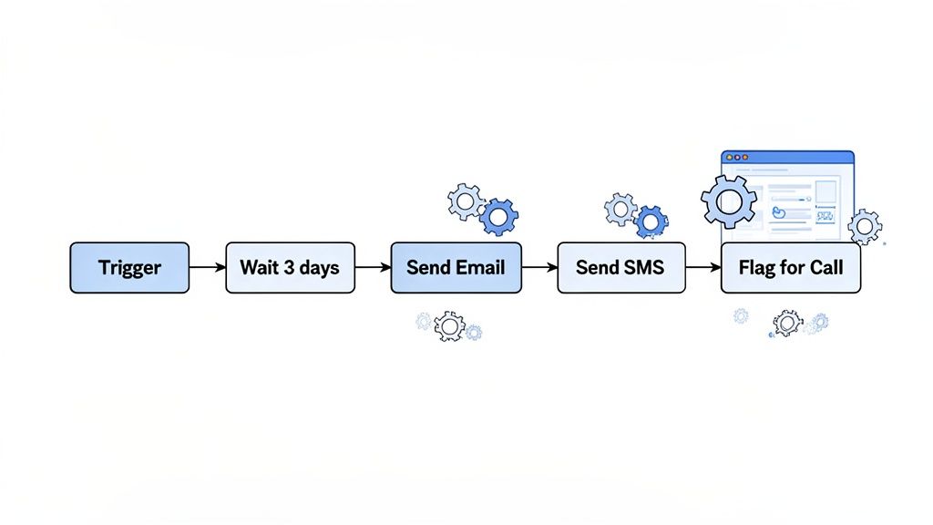 A workflow diagram illustrating a client follow-up process: Trigger, Wait 3 days, Send Email, Send S