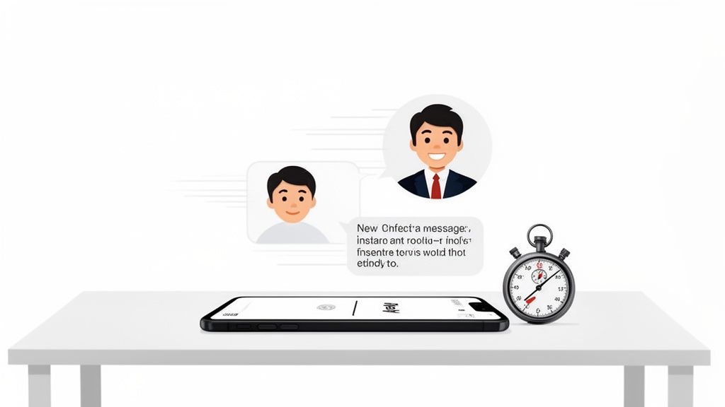 A smartphone and stopwatch on a white table, with two cartoon avatars communicating via speech bubbl