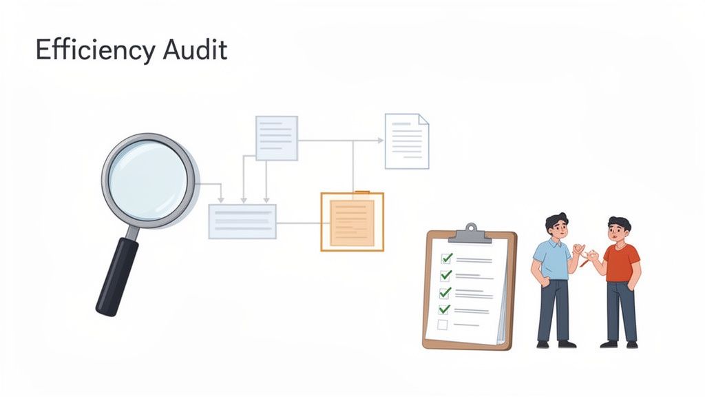 Efficiency audit illustration with a magnifying glass, process flowchart, checklist, and two men dis