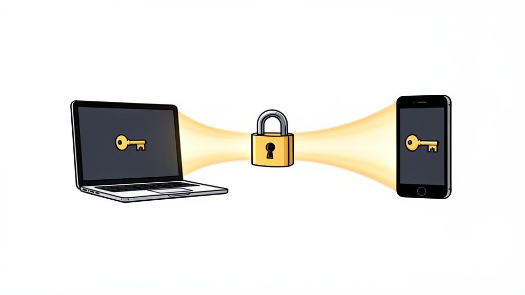 A laptop and smartphone exchange keys securely through a padlock, symbolizing encrypted data transfe