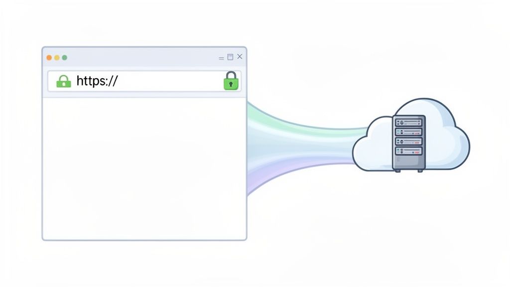 A browser showing 'https://' with a green padlock indicates a secure connection to a cloud