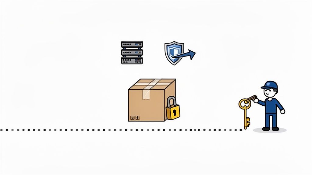 Illustration of a locked box, server racks, a security shield, and a person with a key.