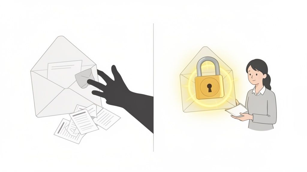 An image contrasting unauthorized access to an open envelope with a protected, locked envelope held 