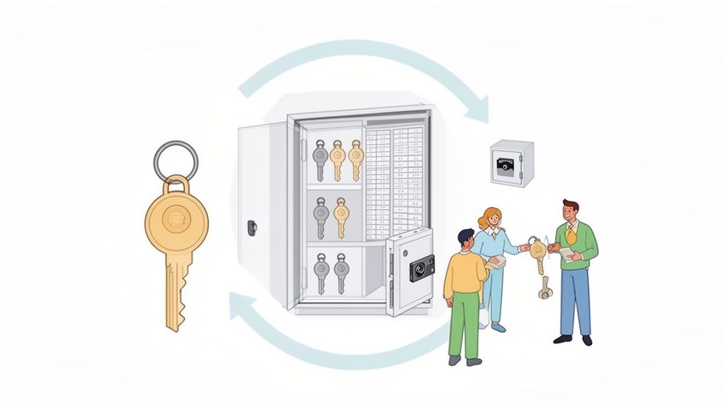 An illustration of a secure key management system with people exchanging keys and a safe.