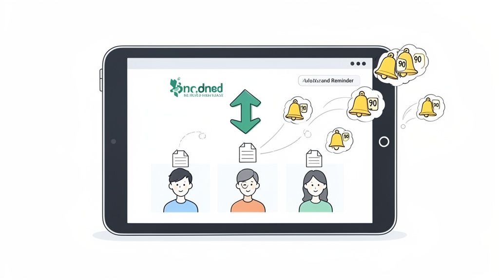A tablet screen displaying a system for document collection with user profiles and notification remi