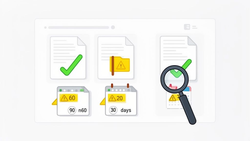 Digital dashboard with files, calendar entries, status indicators, and a magnifying glass highlighti