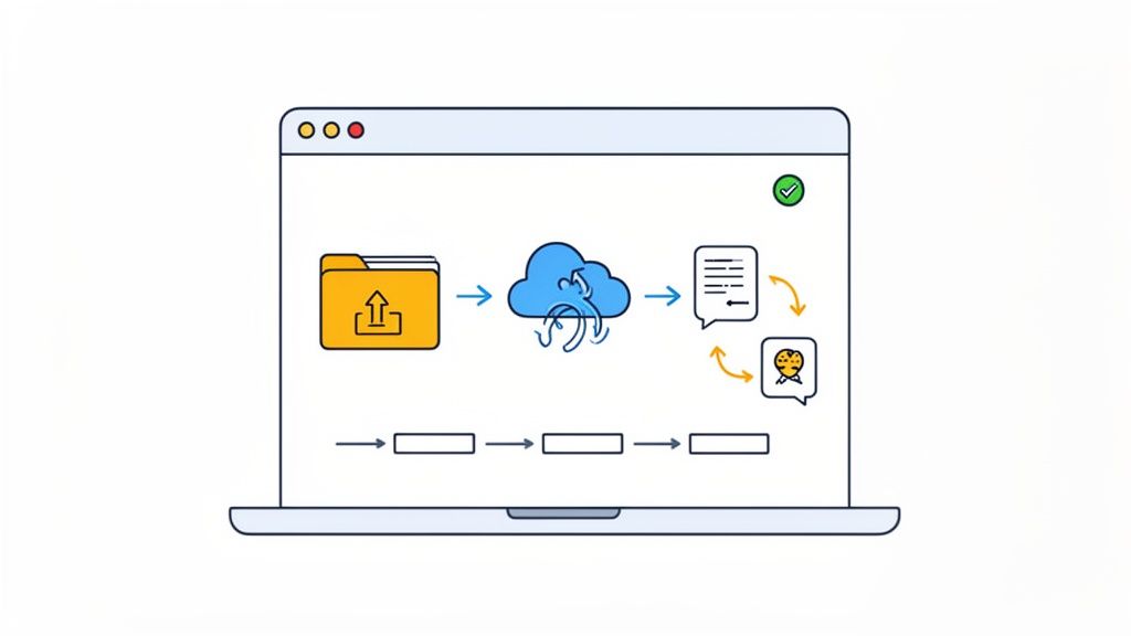 A digital workflow diagram on a laptop showing document upload, cloud processing, and document revie