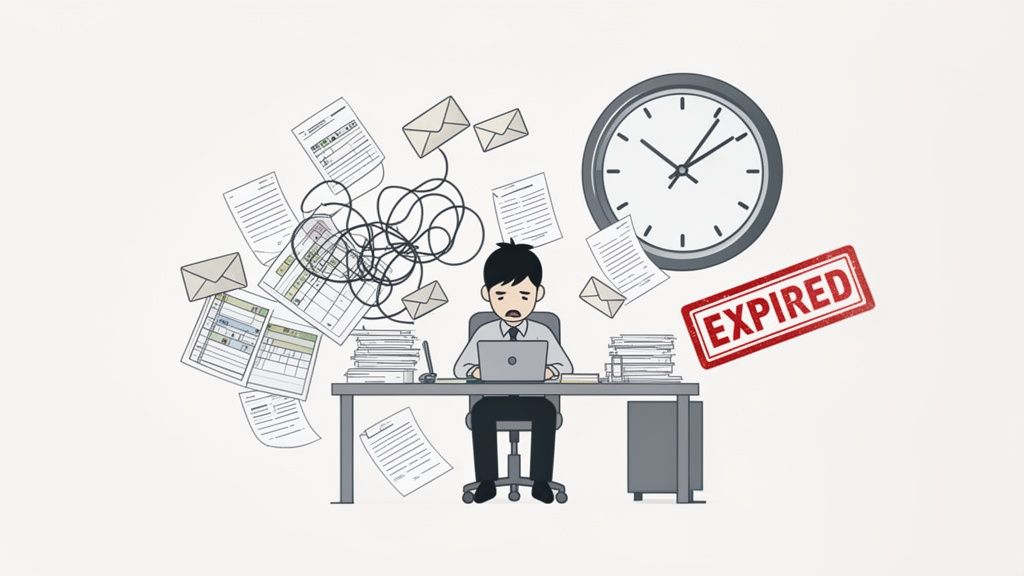 An overwhelmed man works on a laptop amidst many documents and an 'EXPIRED' stamp, highlig