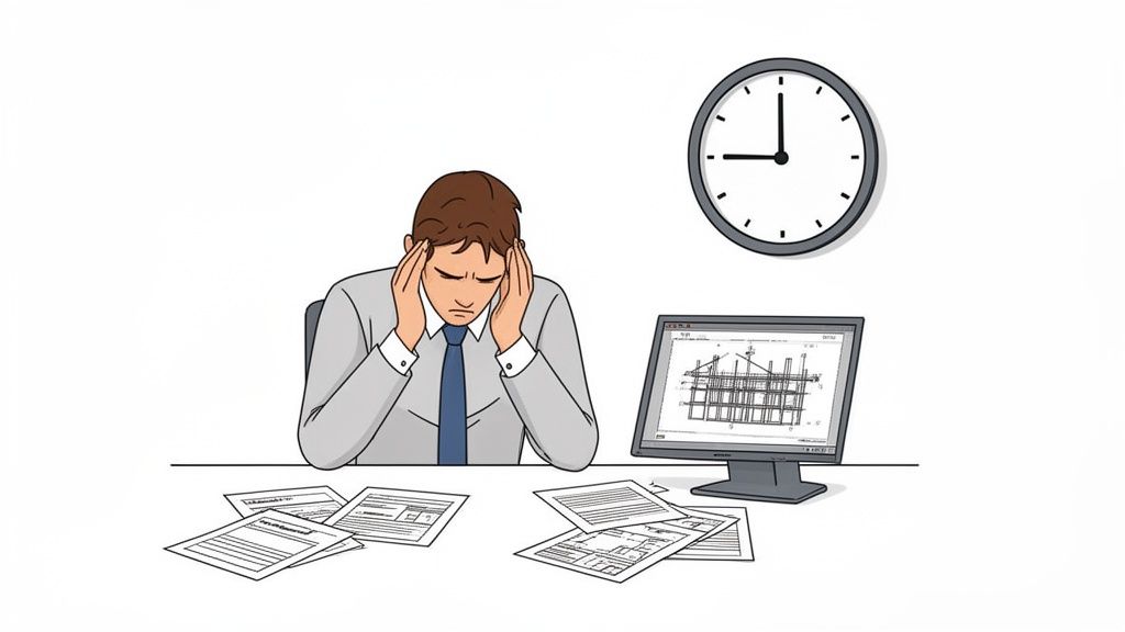 A stressed man at a desk with many papers, a computer displaying blueprints, and a clock.