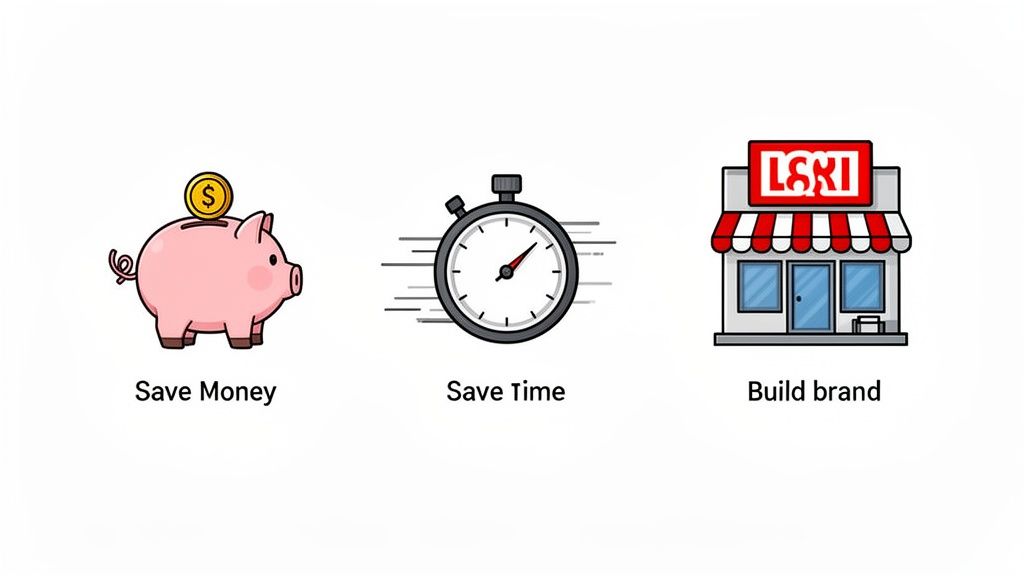 Three icons illustrating key benefits: save money, save time, and build brand for a business.
