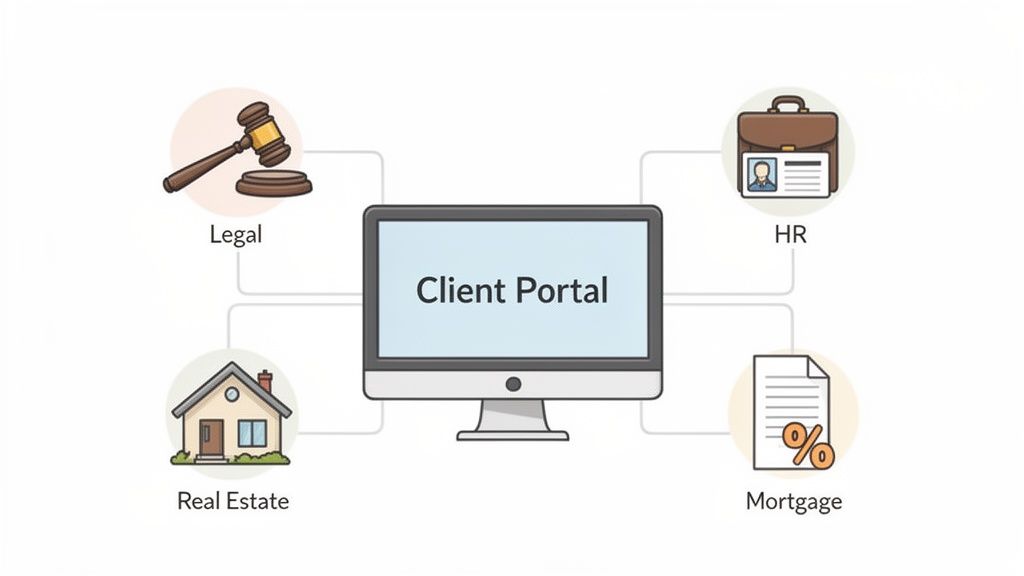 A central computer monitor showing 'Client Portal' connected to icons for legal, HR, real