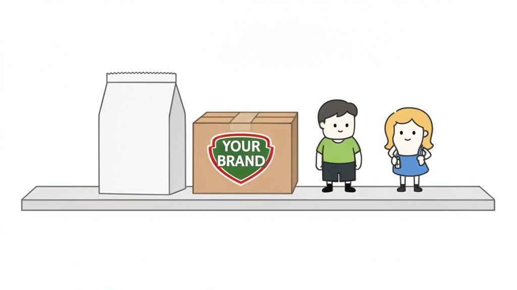 Cartoon illustration of a white label concept with a plain bag, a branded box, and two children on a