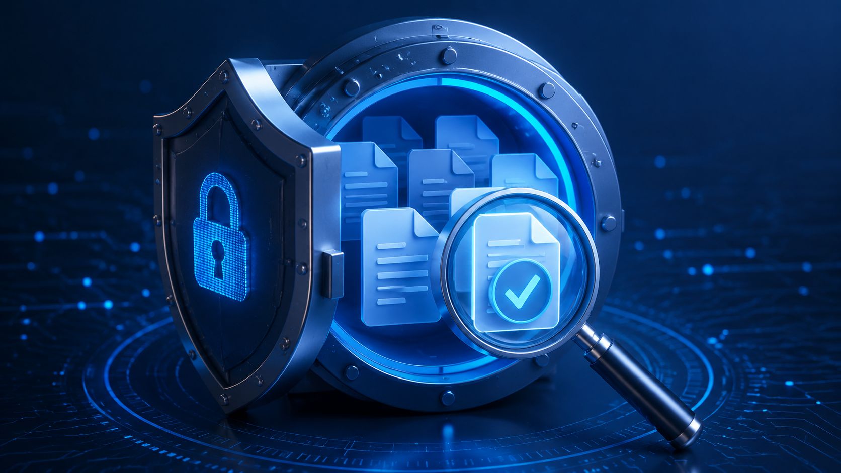 A secure digital vault containing glowing document icons being inspected by a magnifying glass on a digital background.
