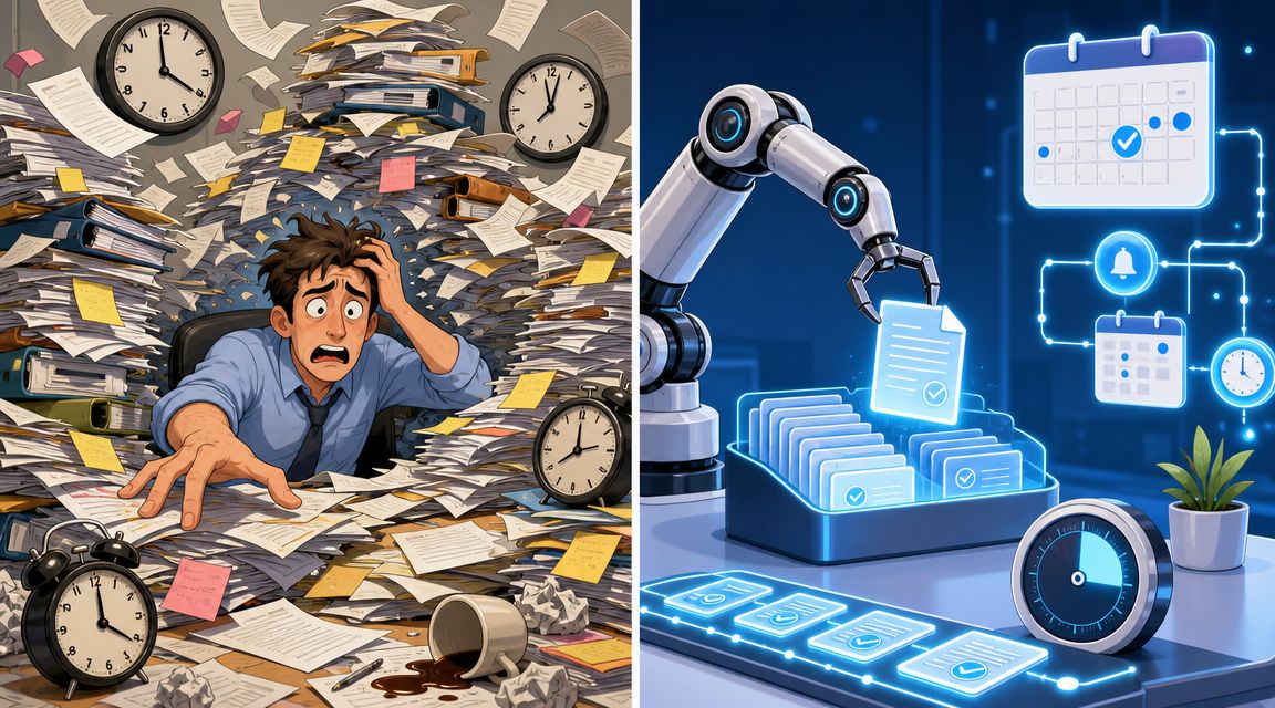 A split image contrasting a stressed employee buried in paperwork with automated robotic document processing technology.