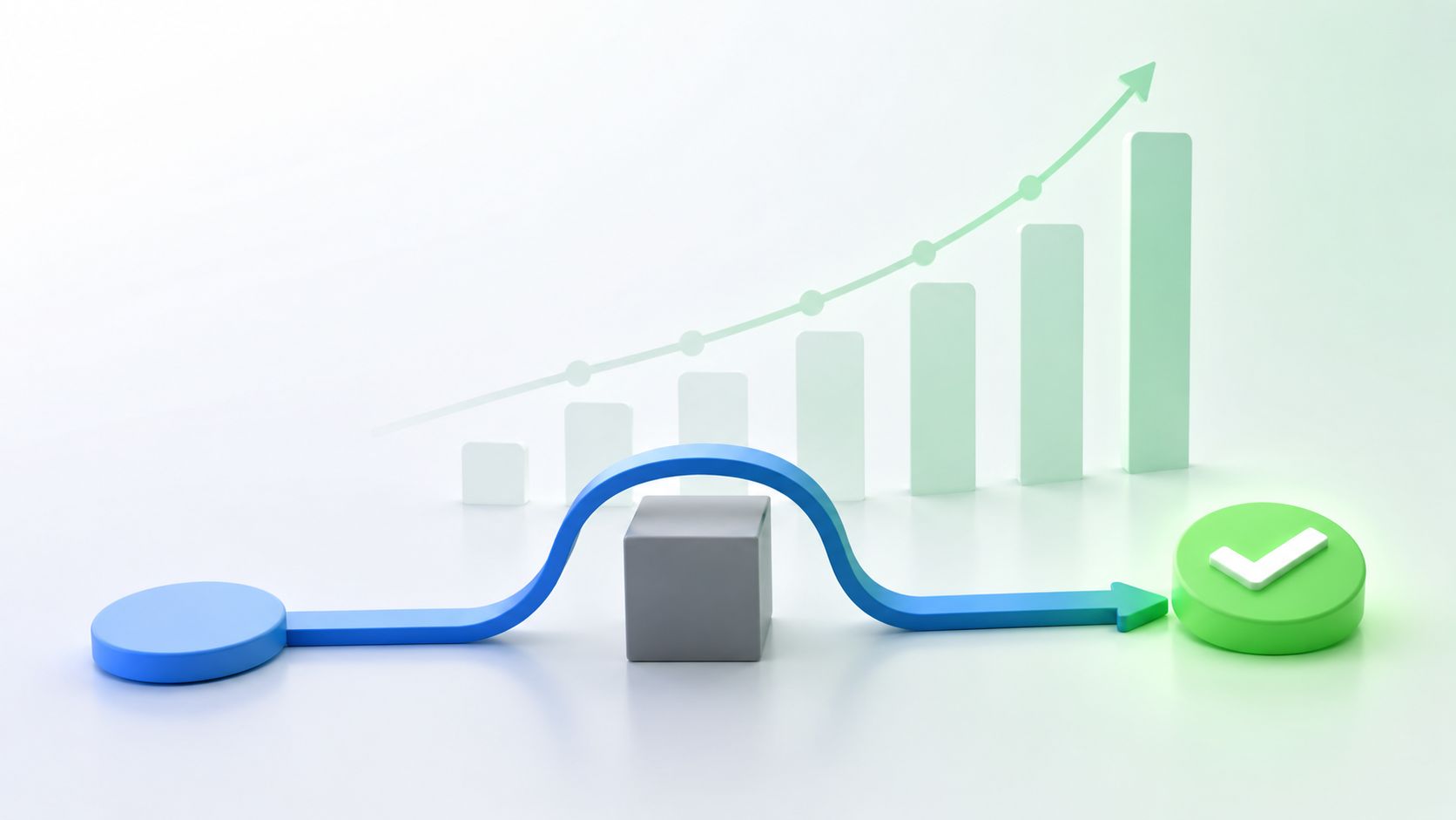 A 3D graphic showing a blue arrow navigating over a gray cube obstacle towards a green checkmark.
