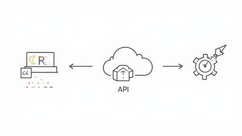 Diagram illustrating a laptop interacting with a cloud API for data processing, indicated by a gear.
