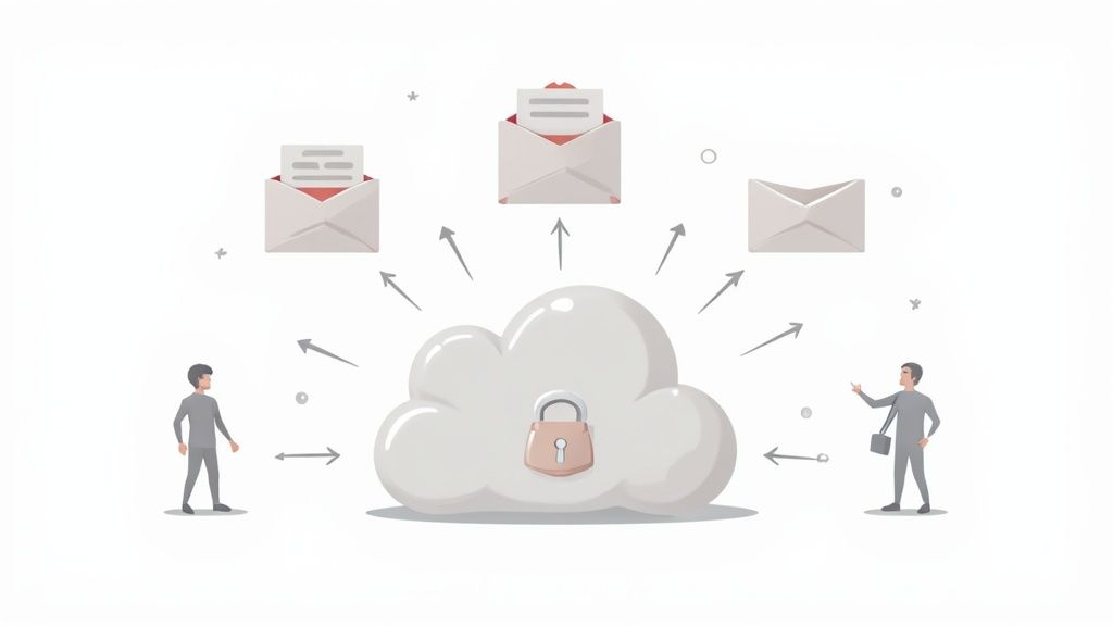 Illustration of secure cloud storage and document exchange, with users sending and receiving data.