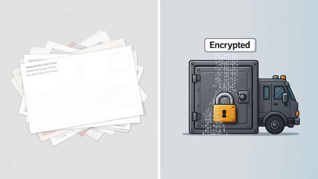 An image contrasting open postcards on the left with an encrypted armored truck and binary data on the right.