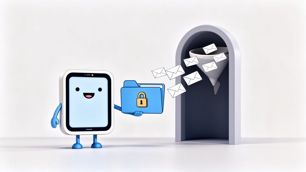 Cartoon smartphone character securely sending emails from a locked folder into a data funnel.