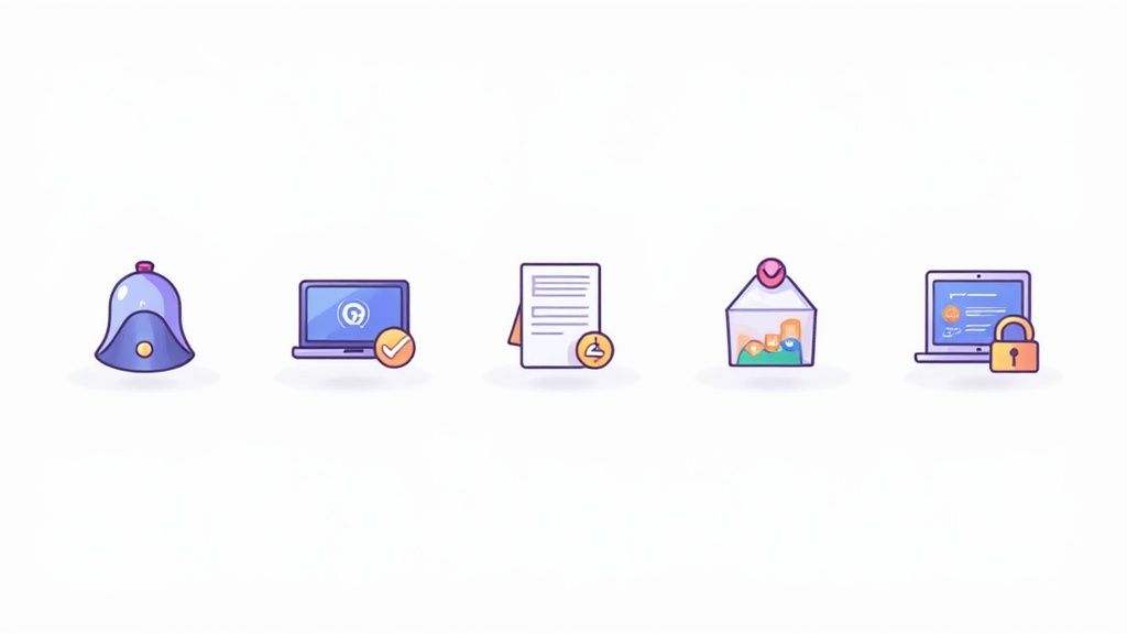 Five cartoon digital icons for software, including notifications, completed tasks, documents, reports, and security.