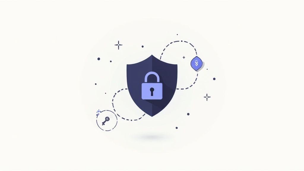 A dark blue shield with a padlock, a key, and a legal symbol, illustrating digital security and protection.