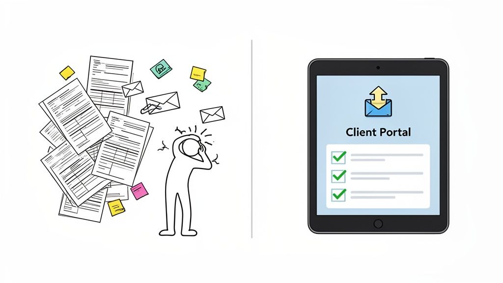 Stressed person overwhelmed by physical documents contrasted with an organized client portal on a tablet.