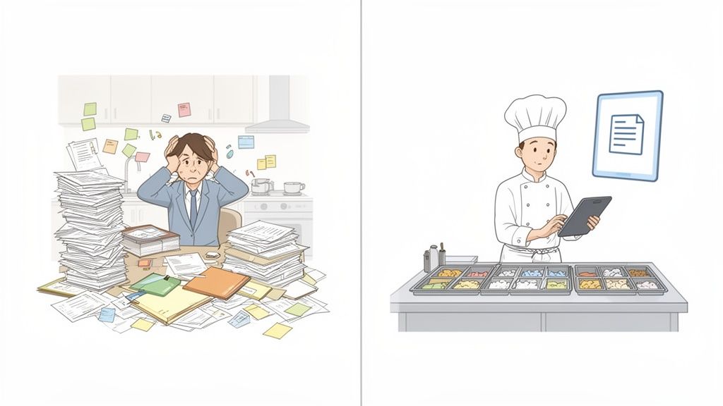 A stressed man is overwhelmed by physical documents, contrasted with an organized chef using a digital tablet.