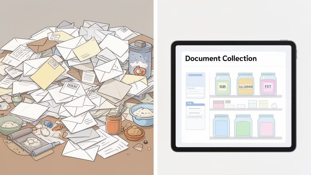 A cluttered desk with a large pile of paper documents contrasted with an organized digital document collection on a tablet.