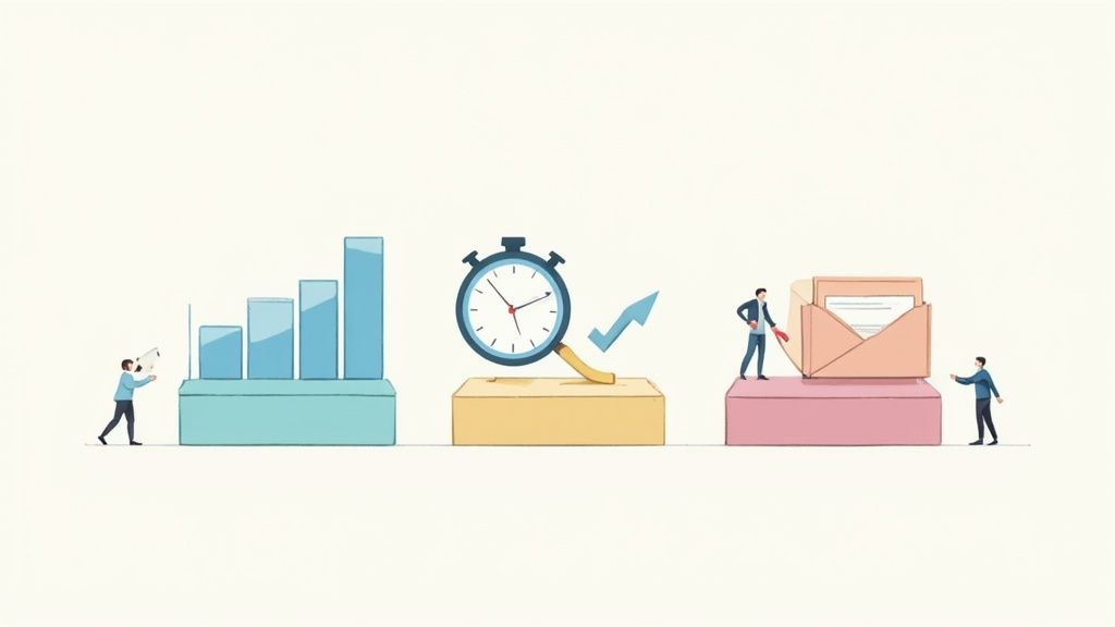 Illustration of people managing growth, time efficiency with a stopwatch and arrow, and document collection with an envelope.