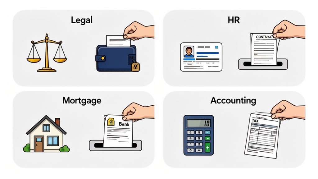 Four panels illustrate document management for legal, HR, mortgage, and accounting services with related icons.