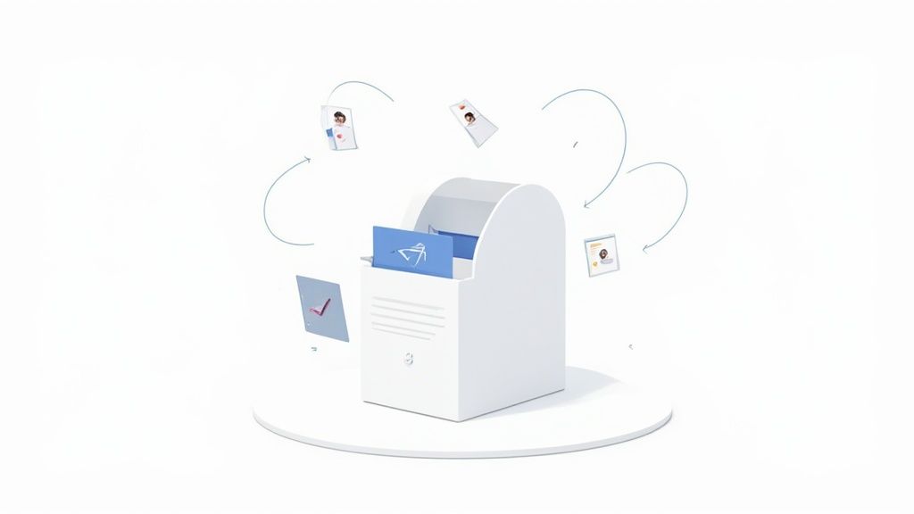 Illustration of a document collection box processing various digital documents with arrows indicating flow.