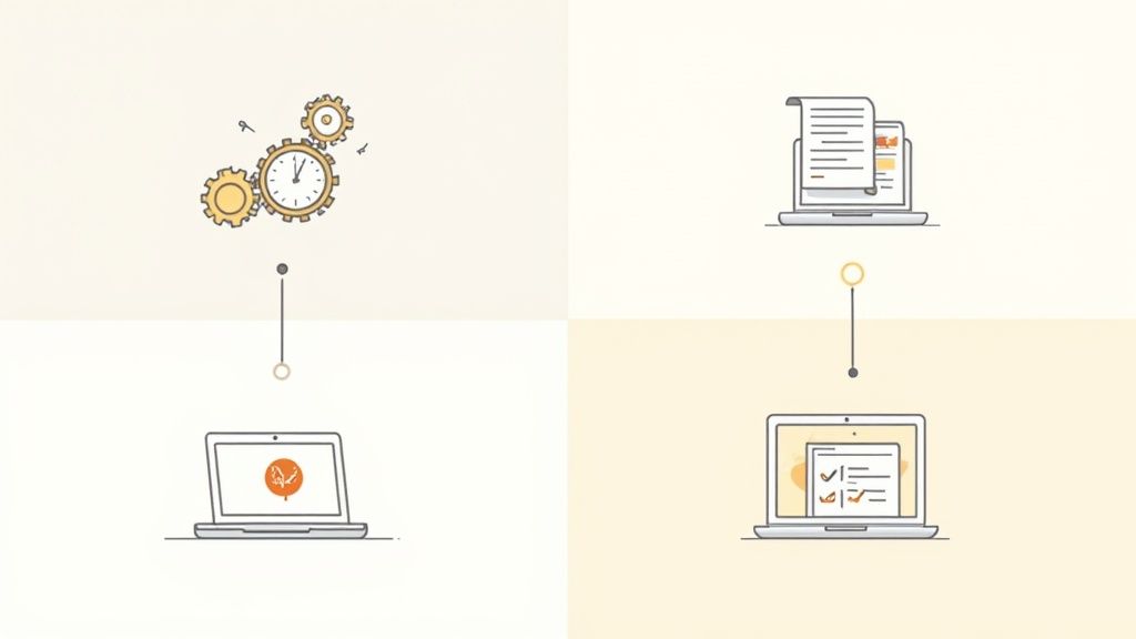 Illustration showing two laptops processing documents and managing tasks with gears, a clock, and checklists.