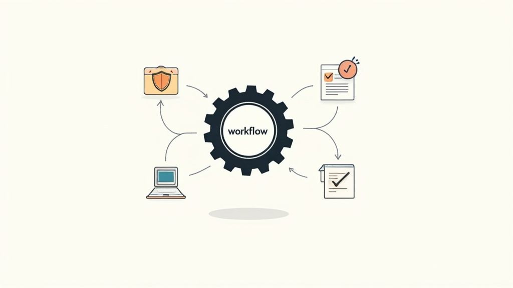 A workflow diagram showing a central gear labeled 'workflow' connected to a laptop, secured folder, and checked documents, illustrating document processing and task completion.
