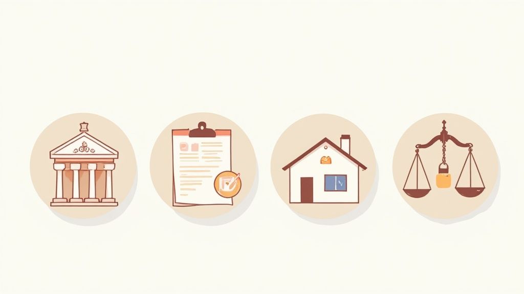 Set of four icons depicting a bank, legal document, house, and scales of justice.