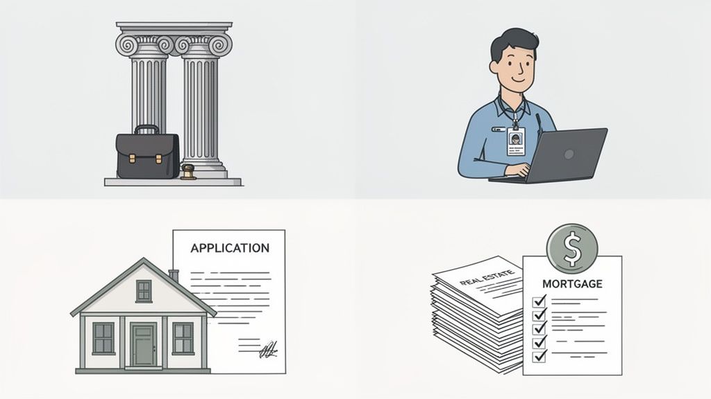 Illustrations showing legal pillars, a professional, a home application, and mortgage documents for real estate.