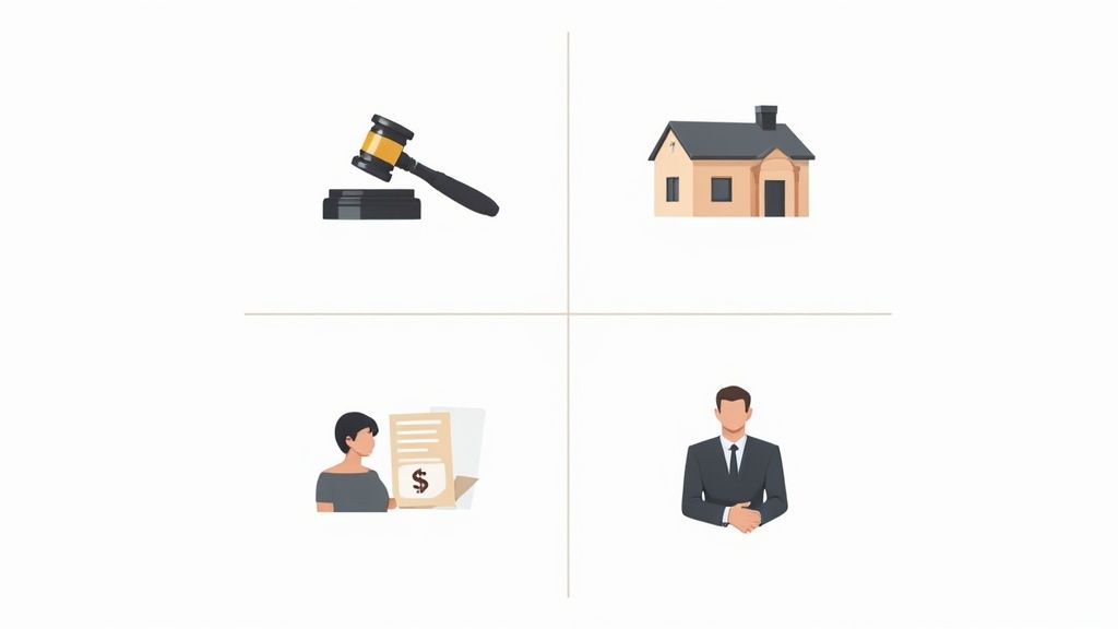 Icons representing legal, real estate, financial documents, and a business professional, depicting comprehensive services.