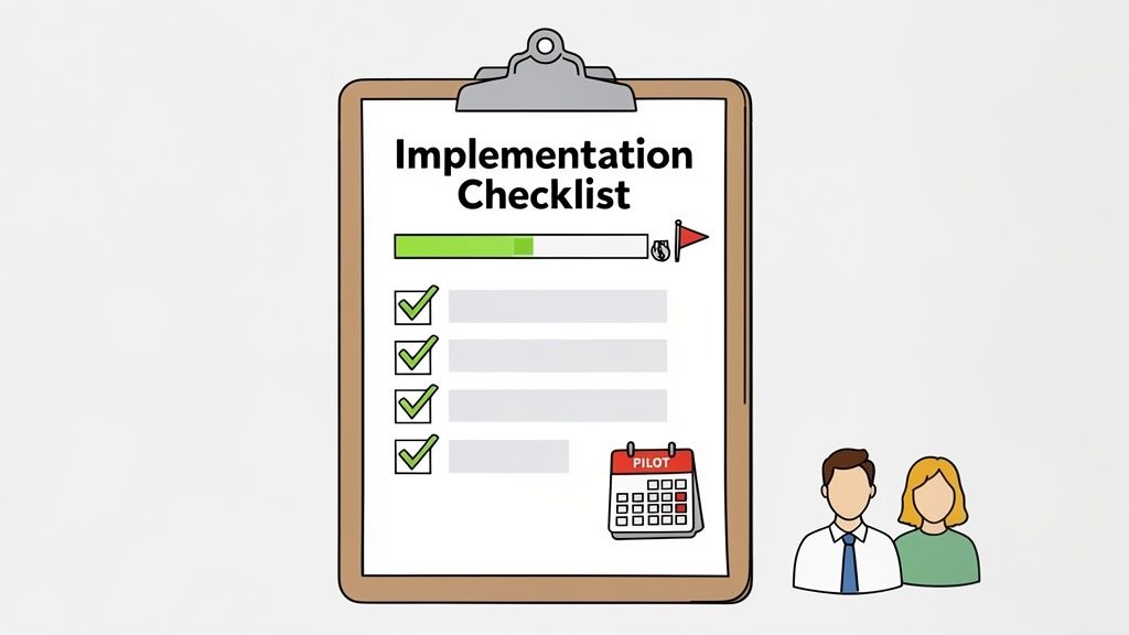 An implementation checklist on a clipboard showing project progress, completed tasks, a pilot calendar, and two team members.