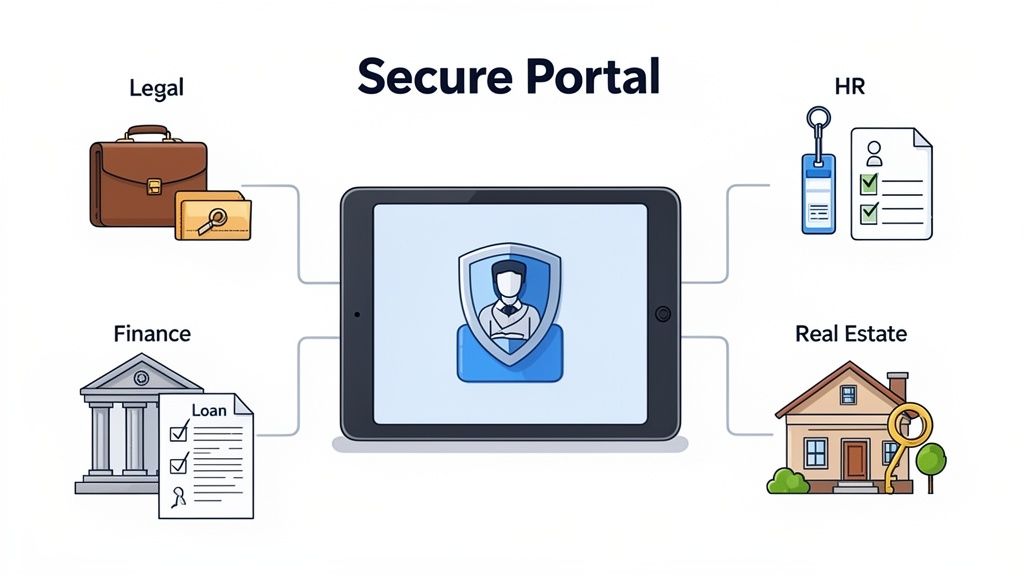 Secure portal on a tablet centralizes access to legal, HR, finance, and real estate documents.