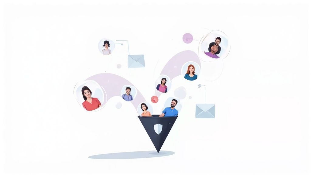 Digital marketing funnel with a shield icon, collecting diverse user avatars and messages.