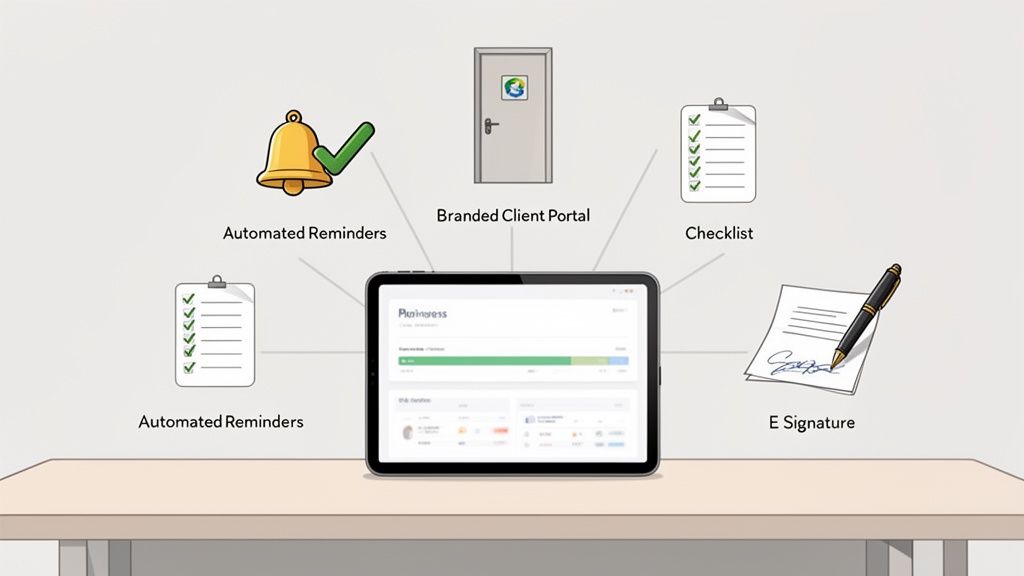 A digital tablet displaying client management software with features like automated reminders, branded portals, checklists, and e-signatures.
