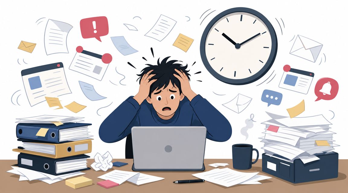 A stressed person sitting at a desk overwhelmed by work, files, deadlines, and digital notifications.