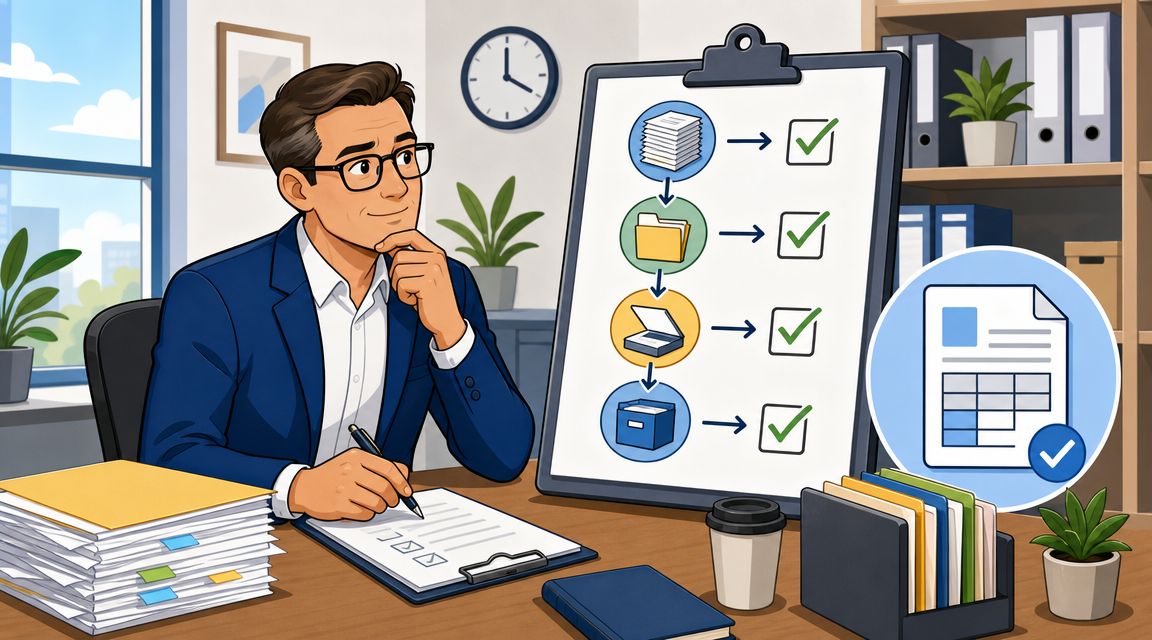 A professional man at a desk reviews a document workflow process chart with checkmark icons.