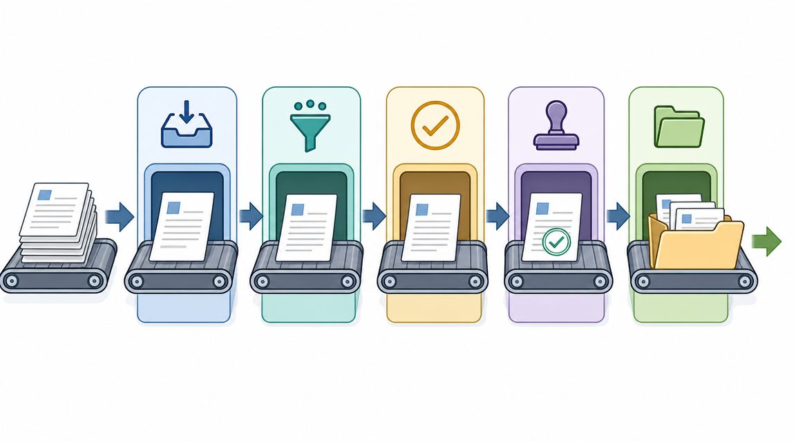 A conceptual illustration of a document processing pipeline showing papers moving through various automated workflow stages.
