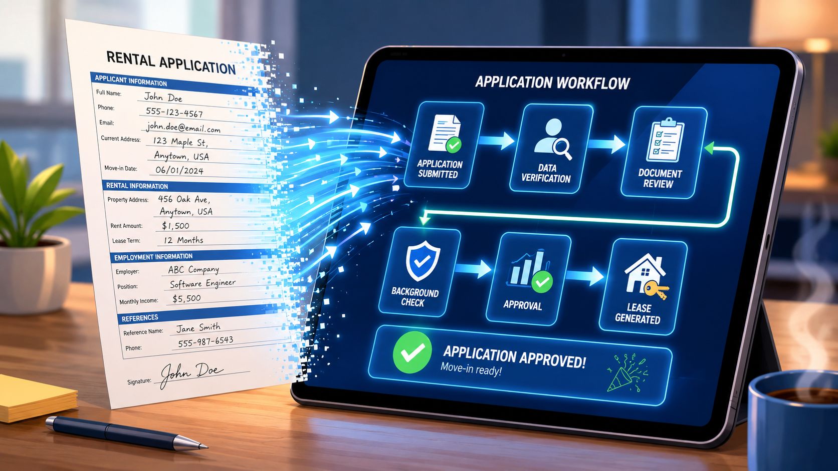 A digital rental application form being processed through an automated workflow displayed on a tablet screen.