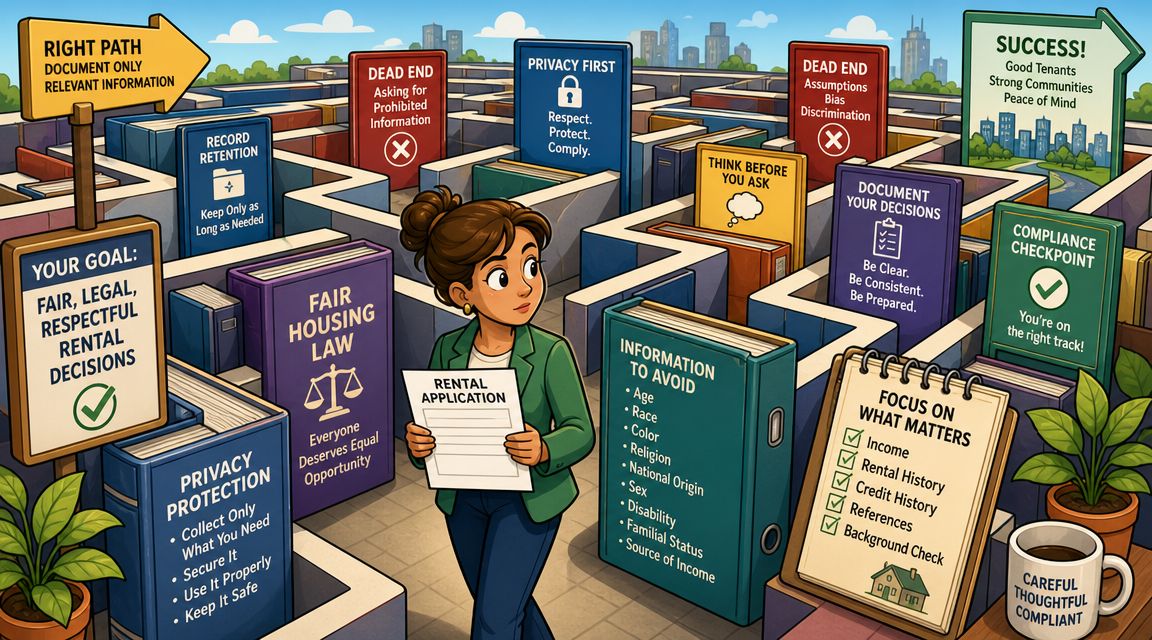 A woman stands in a maze of housing law guidance signs illustrating fair rental application decision making.