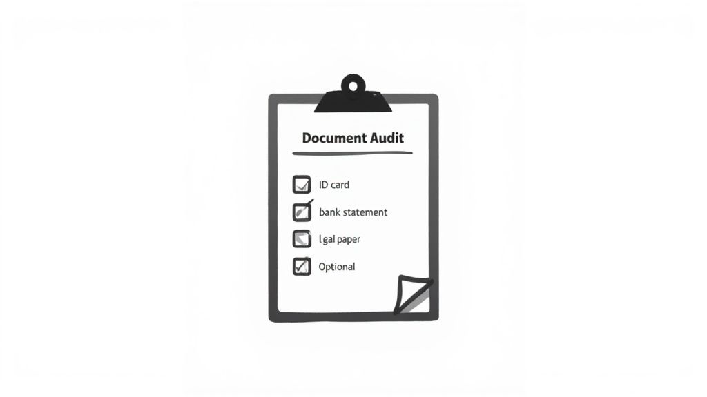 A black and white cartoon image of a clipboard with a 'Document Audit' checklist for review.