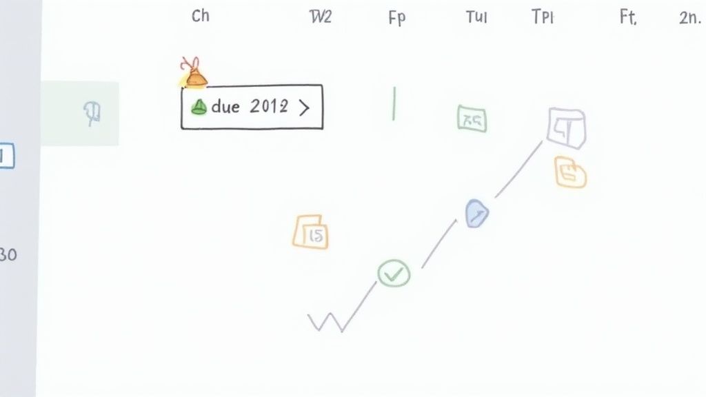 A hand-drawn timeline chart illustrating a process with document icons, checkmarks, and a 'due 2012' label.
